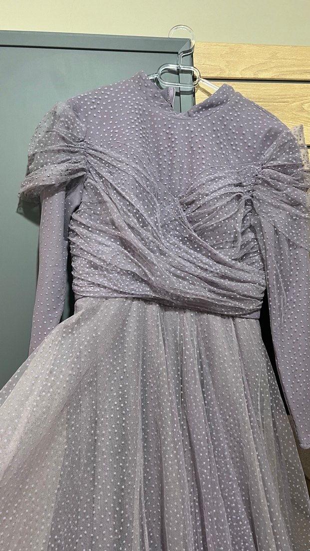 Mor Uzun Kollu Drapeli Kadın Abiye Elbise - Görsel 2