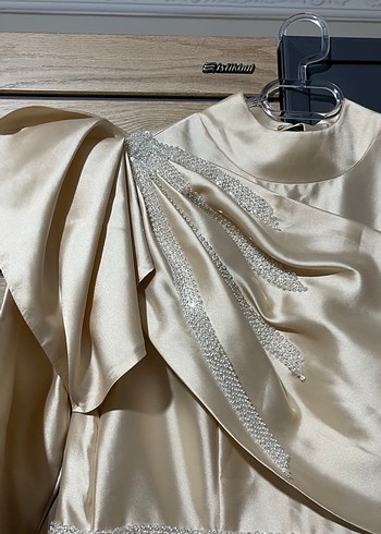 Bej Drapeli Uzun Kollu Abiye Elbise - Görsel 4