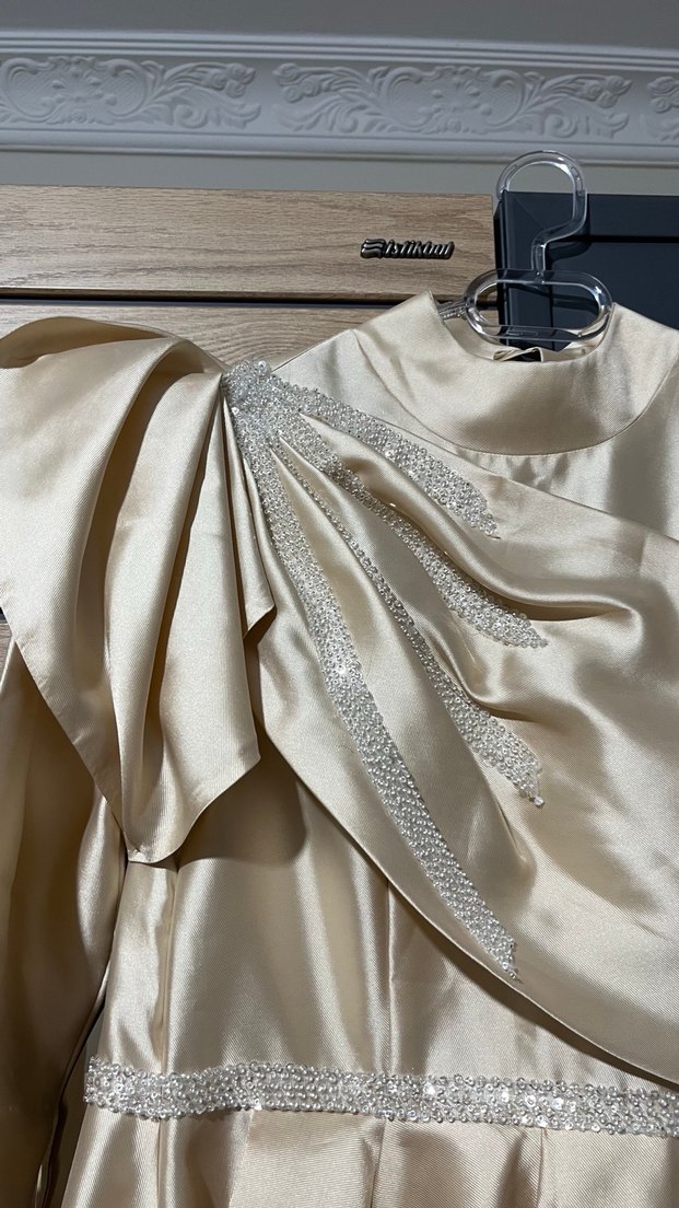 Bej Drapeli Uzun Kollu Abiye Elbise - Görsel 4