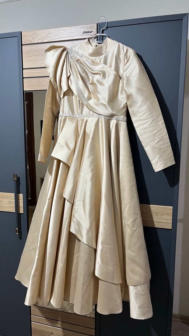 Bej Drapeli Uzun Kollu Abiye Elbise - Görsel 2