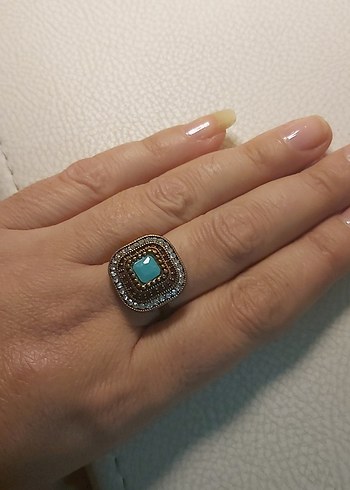 Turkuaz Taşlı Parıltılı Vintage Yüzük - Görsel 2