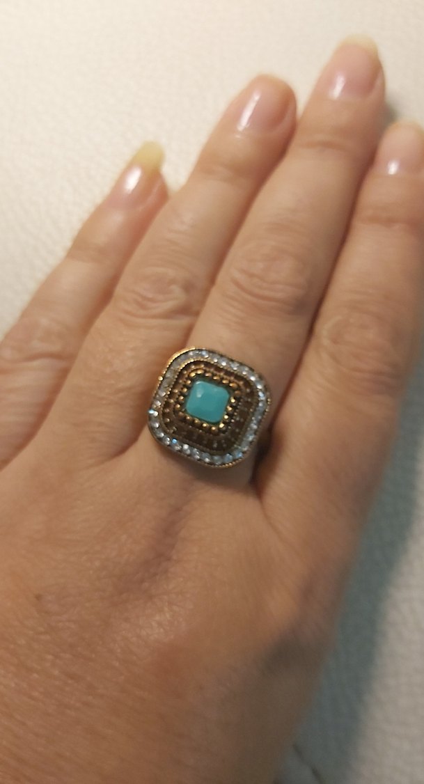 Turkuaz Taşlı Parıltılı Vintage Yüzük - Görsel 3