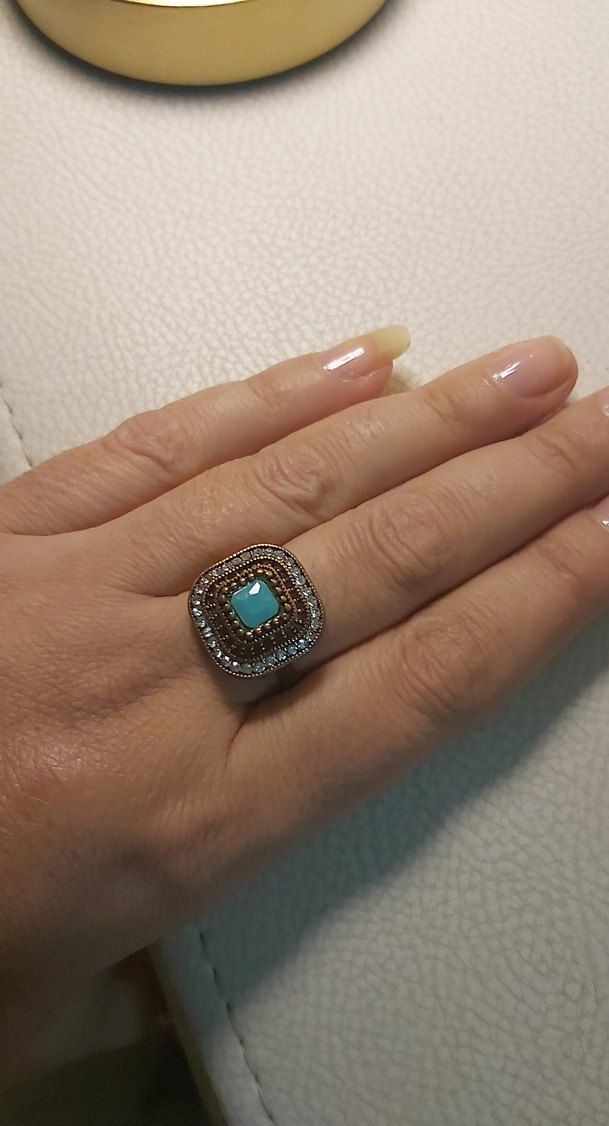 Turkuaz Taşlı Parıltılı Vintage Yüzük - Görsel 2