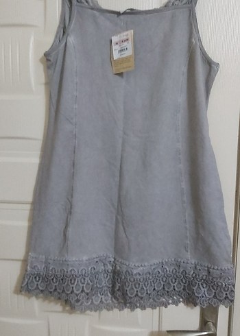 Gri Dantel Detaylı Kolsuz Keten Elbise - Görsel 2