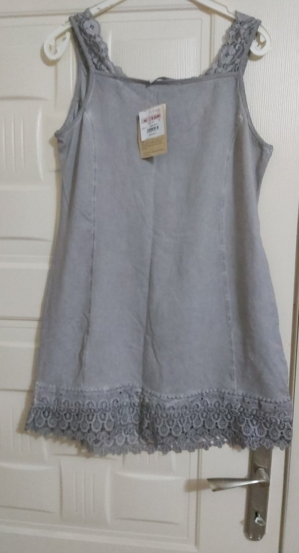 Gri Dantel Detaylı Kolsuz Keten Elbise - Görsel 2