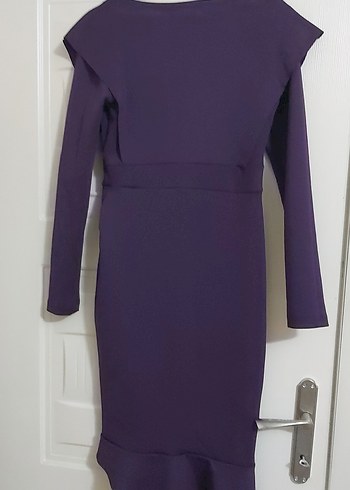 Mor Uzun Kollu V Yaka Fırfırlı Elbise - Görsel 2