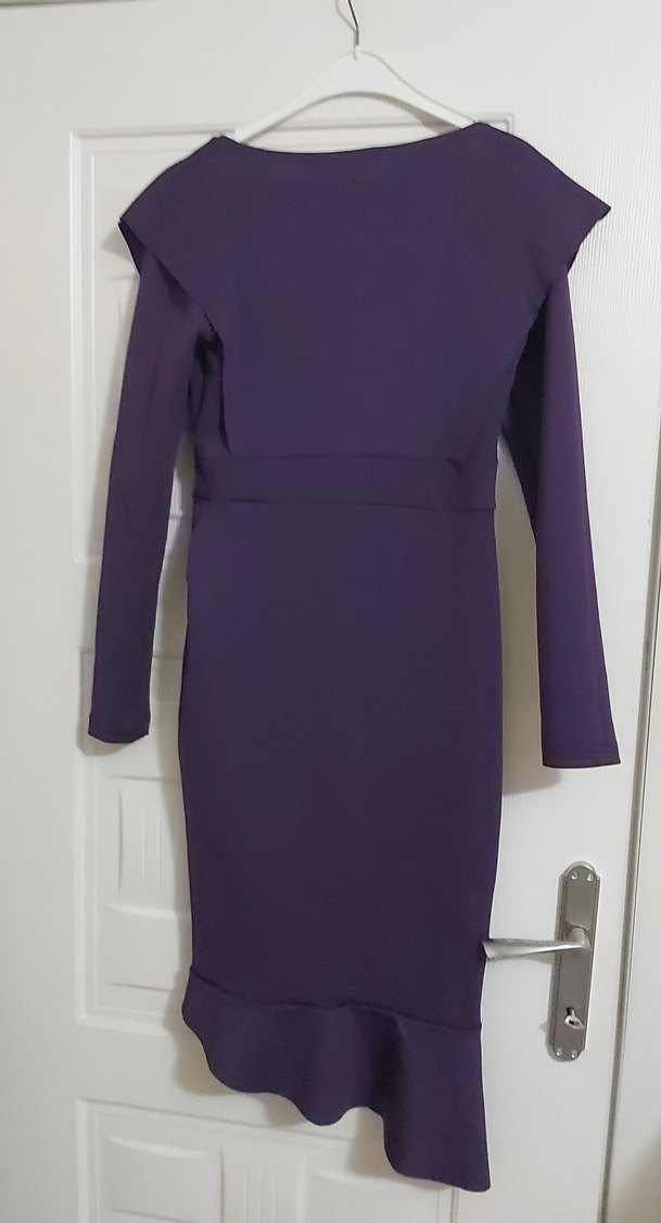 Mor Uzun Kollu V Yaka Fırfırlı Elbise - Görsel 2