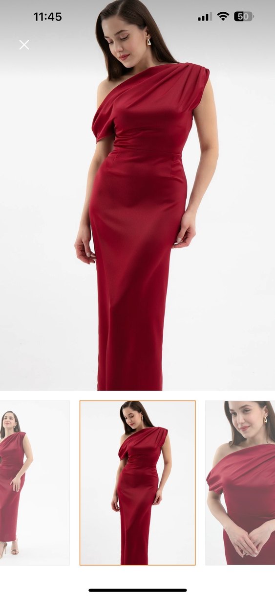 Bordo Drapeli Saten Elbise - Görsel 2