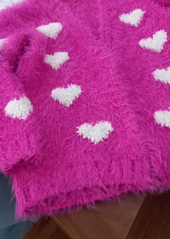 Pembe Kalp Nakışlı Kürk Detaylı Kız Hırka - Görsel 2