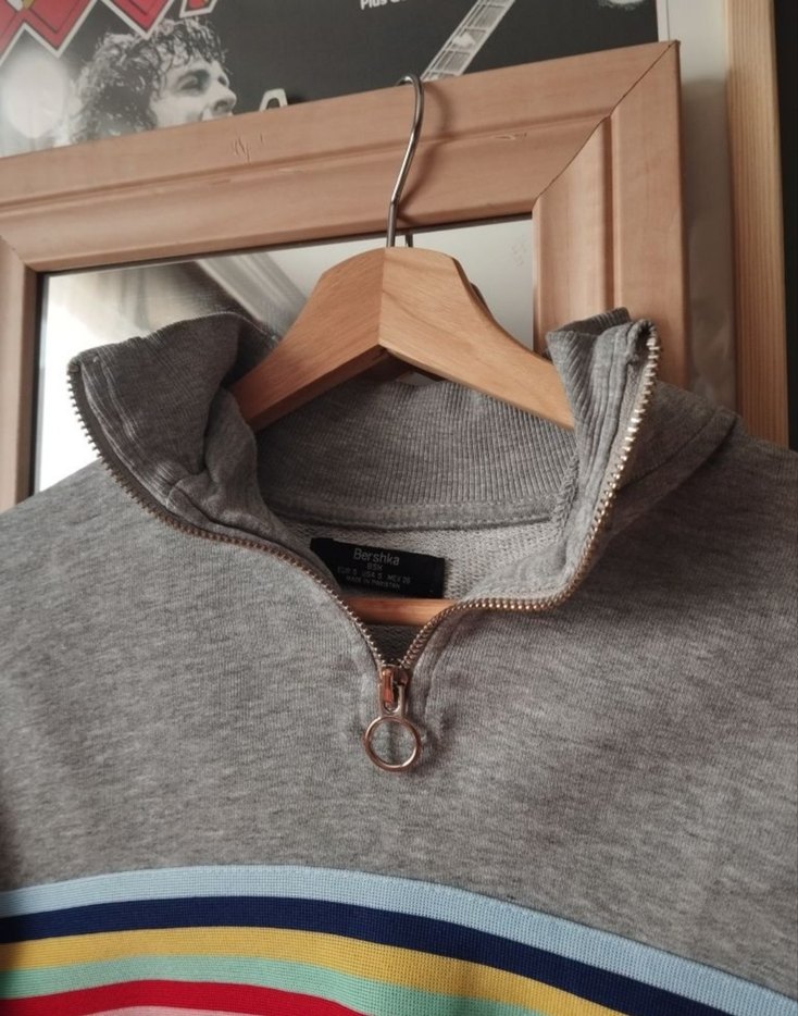 Gri Melanj Renkli Çizgili Yarım Fermuarlı Sweatshirt — görsel 2/4