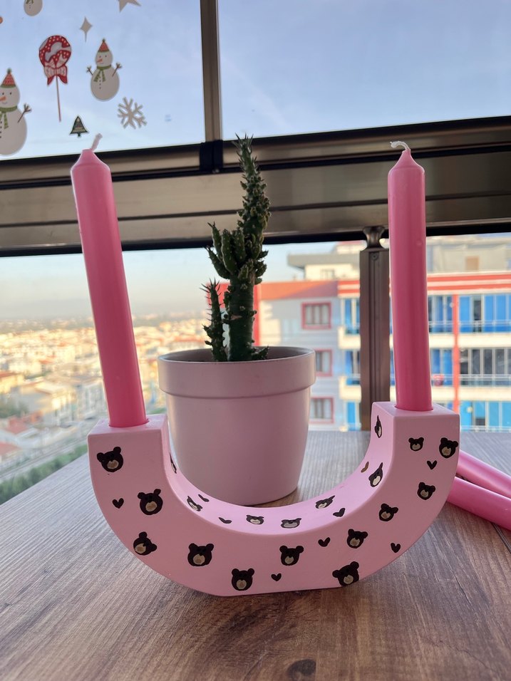 Ayıcıklı Pembe Mumluk ve Mumlar - Görsel 2