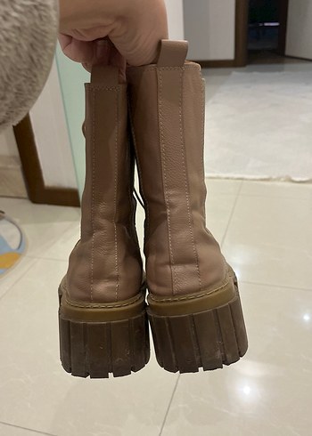 Bej Deri Platform Topuklu Kadın Bot - Görsel 3