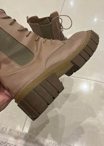 Bej Deri Platform Topuklu Kadın Bot - Görsel 5