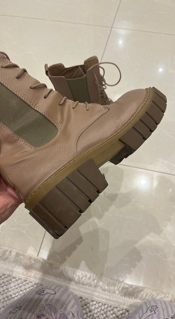 Bej Deri Platform Topuklu Kadın Bot - Görsel 5