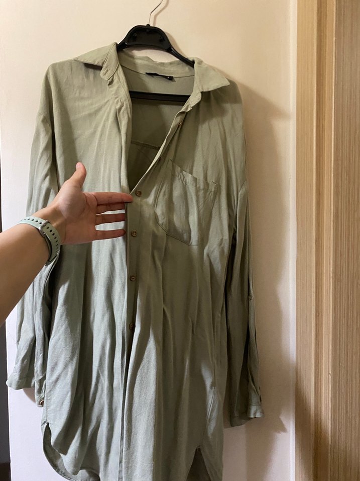 Kadın Khaki Uzun Kollu Keten Gömlek - Görsel 4