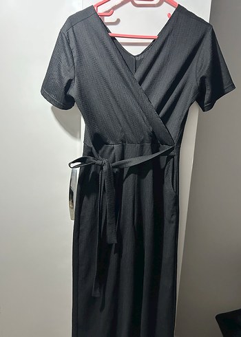 Kadın Siyah V Yaka Kemerli Uzun Tulum - Görsel 2