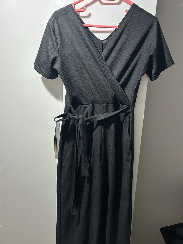 Kadın Siyah V Yaka Kemerli Uzun Tulum - Görsel 2