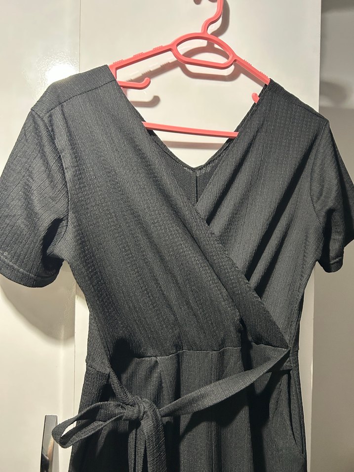 Kadın Siyah V Yaka Kemerli Uzun Tulum - Görsel 4