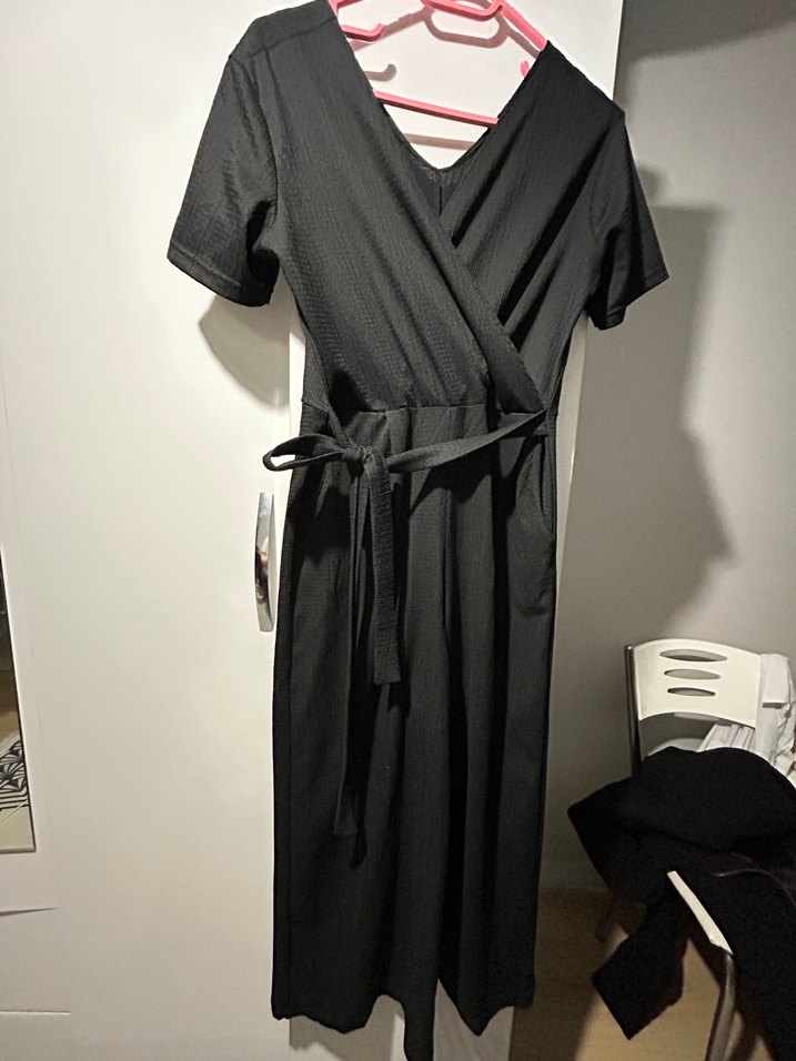 Kadın Siyah V Yaka Kemerli Uzun Tulum - Görsel 3