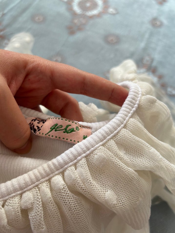 Beyaz Straplez Fırfırlı Pamuk Bluz - Görsel 3