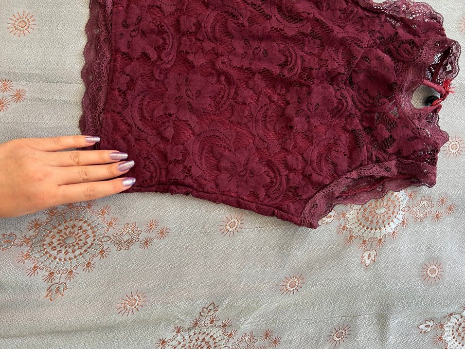 Bordo Dantelli Yüksek Yakalı Midi bluz - Görsel 3