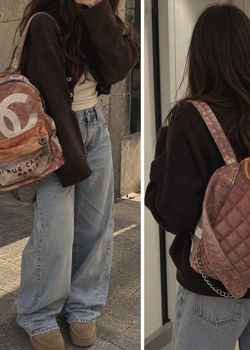 Chanel Pudra Pembe Cicekli Cift C Li Sirt Cantasi