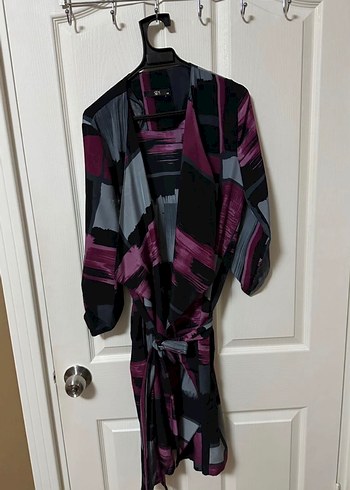 Diğer Mor Ve Gri Soyut Desenli Sal Yaka Kimono