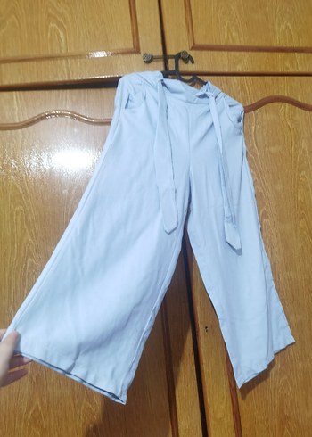 36 Beden Kadın Mavi Keten Mini Bol Kesim Kemerli Pantolon