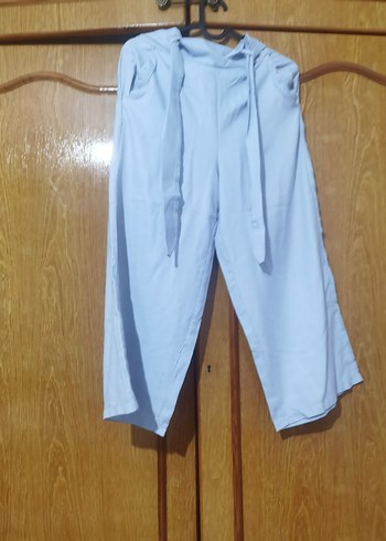Diğer Kadın Mavi Keten Mini Bol Kesim Kemerli Pantolon