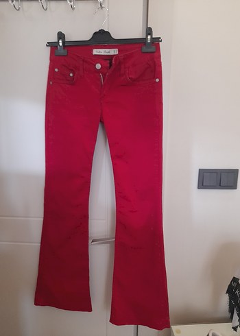 Zara Canli Kirmizi Yuksek Bel Denim Pantolon