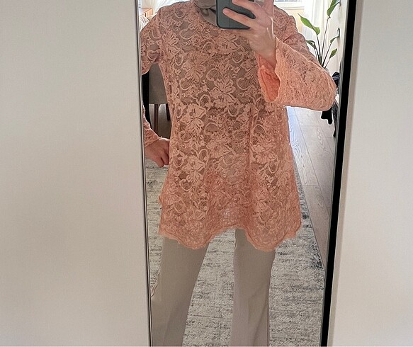 Somon rengi dantel güpür tunik sıfır - Görsel 6