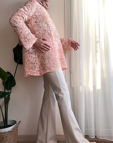 Somon rengi dantel güpür tunik sıfır - Görsel 8