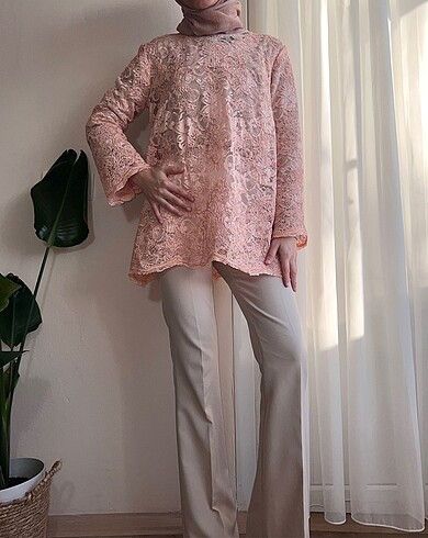 Somon rengi dantel güpür tunik sıfır - Görsel 9