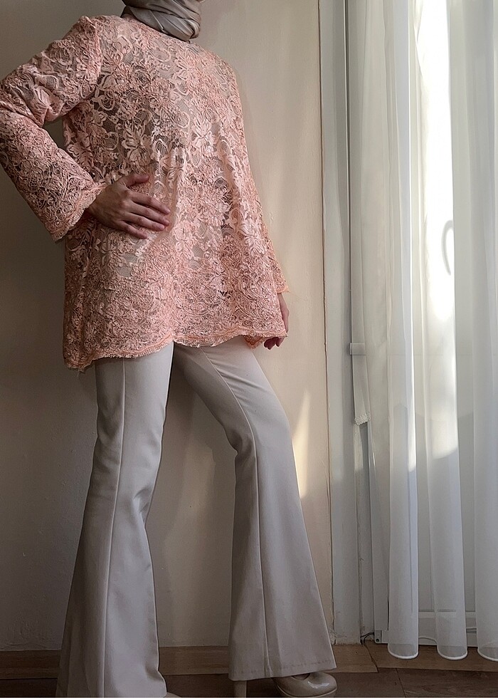 Somon rengi dantel güpür tunik sıfır - Görsel 2