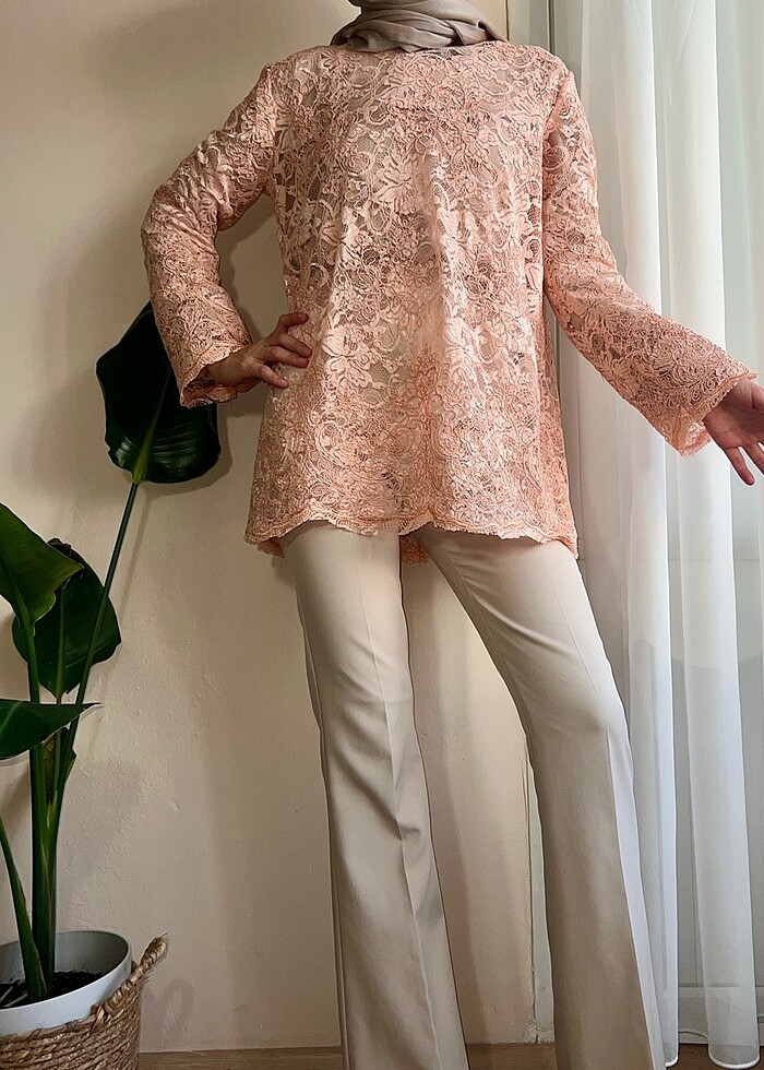 Somon rengi dantel güpür tunik sıfır - Görsel 3