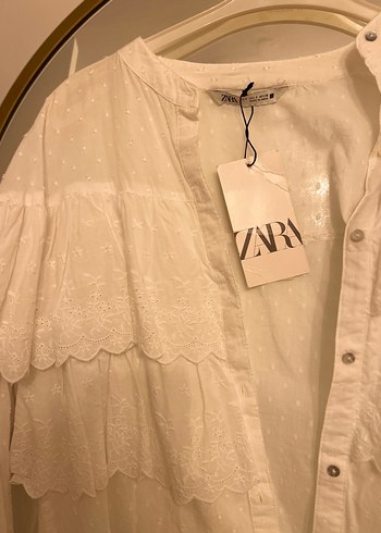 Beyaz Nakışlı Fırfırlı pamuklu Gömlek - Görsel 3