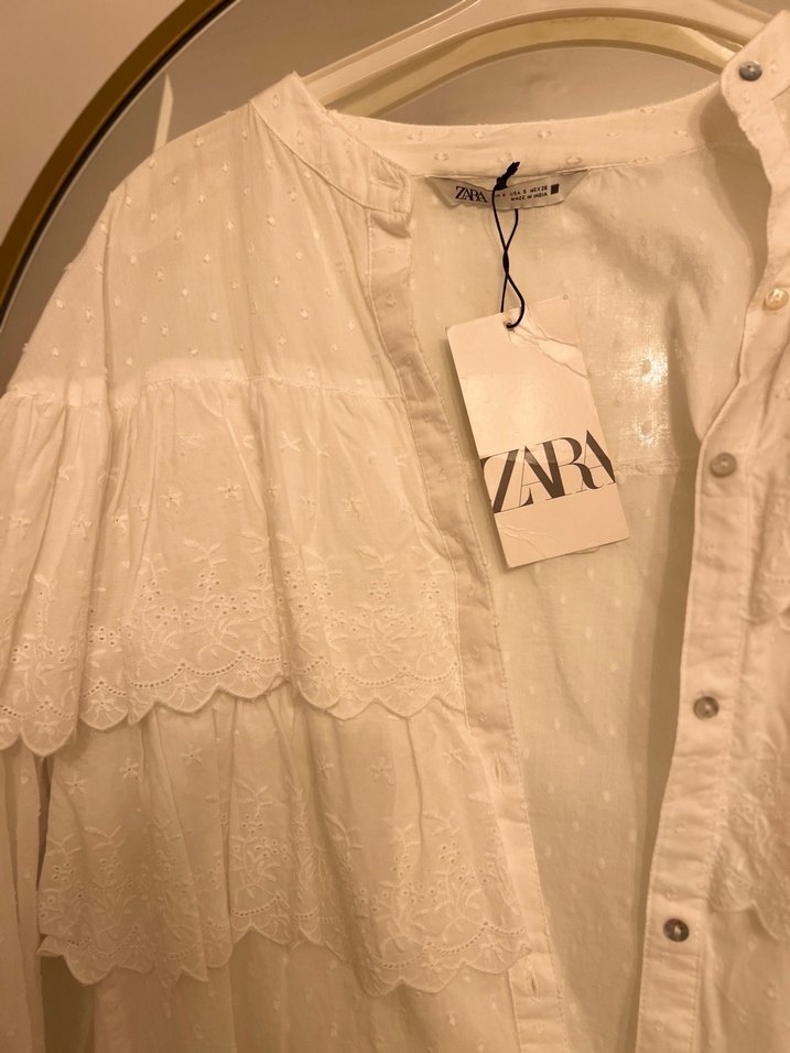 Beyaz Nakışlı Fırfırlı pamuklu Gömlek - Görsel 3