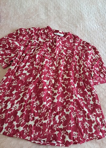 pembe Desenli Pamuklu Düğmeli Bluz - Görsel 2