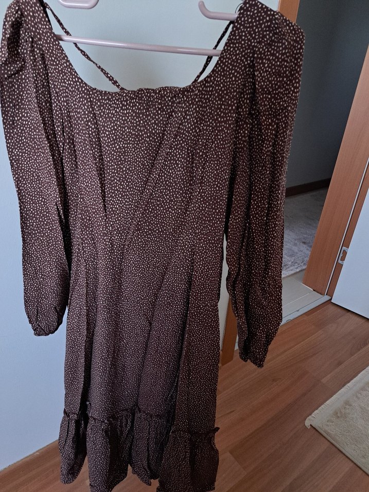 Kahverengi V Yaka Uzun Bohem Elbise - Görsel 3