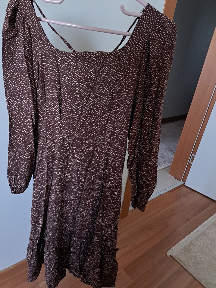 Kahverengi V Yaka Uzun Bohem Elbise - Görsel 2