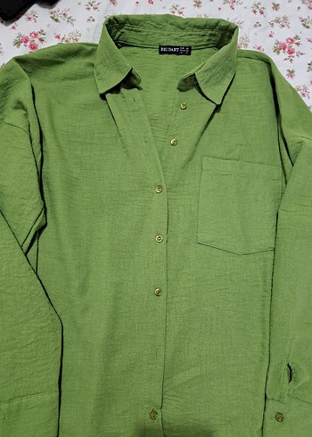 Düğmeli Yeşil Keten Kadın Gömlek - Görsel 4
