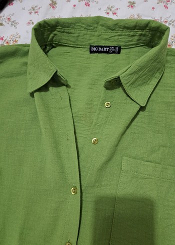 Düğmeli Yeşil Keten Kadın Gömlek - Görsel 2