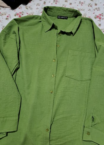 Düğmeli Yeşil Keten Kadın Gömlek - Görsel 3