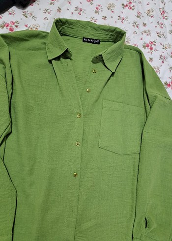 Düğmeli Yeşil Keten Kadın Gömlek - Görsel 5