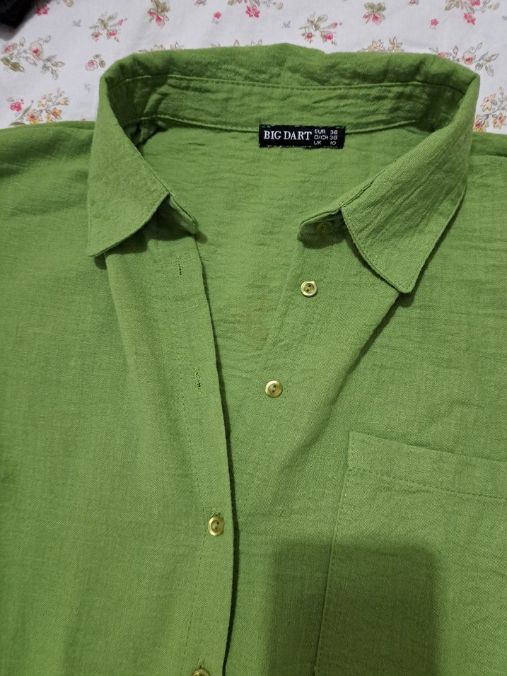 Düğmeli Yeşil Keten Kadın Gömlek - Görsel 2
