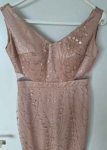 Pudra İşlemeli V Yakalı Uzun Abiye Elbise - Görsel 6