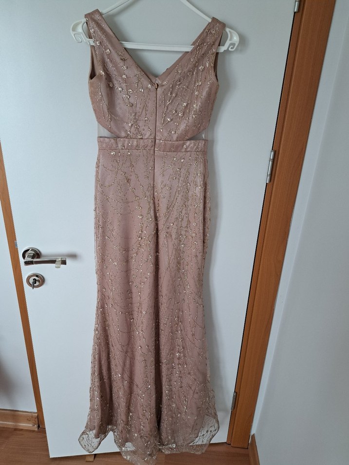 Pudra İşlemeli V Yakalı Uzun Abiye Elbise - Görsel 2