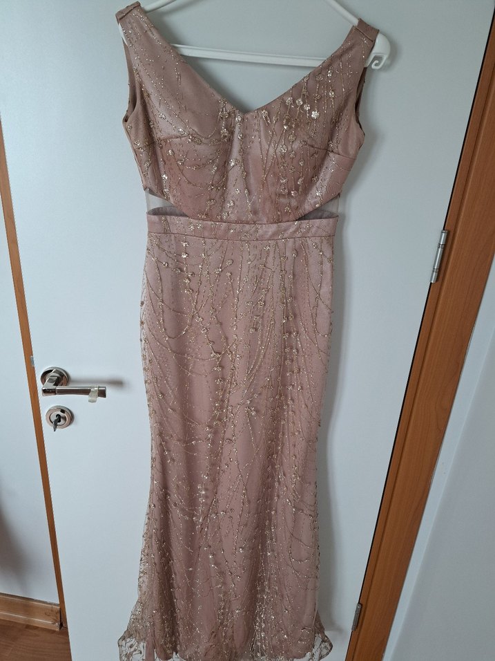 Pudra İşlemeli V Yakalı Uzun Abiye Elbise - Görsel 5