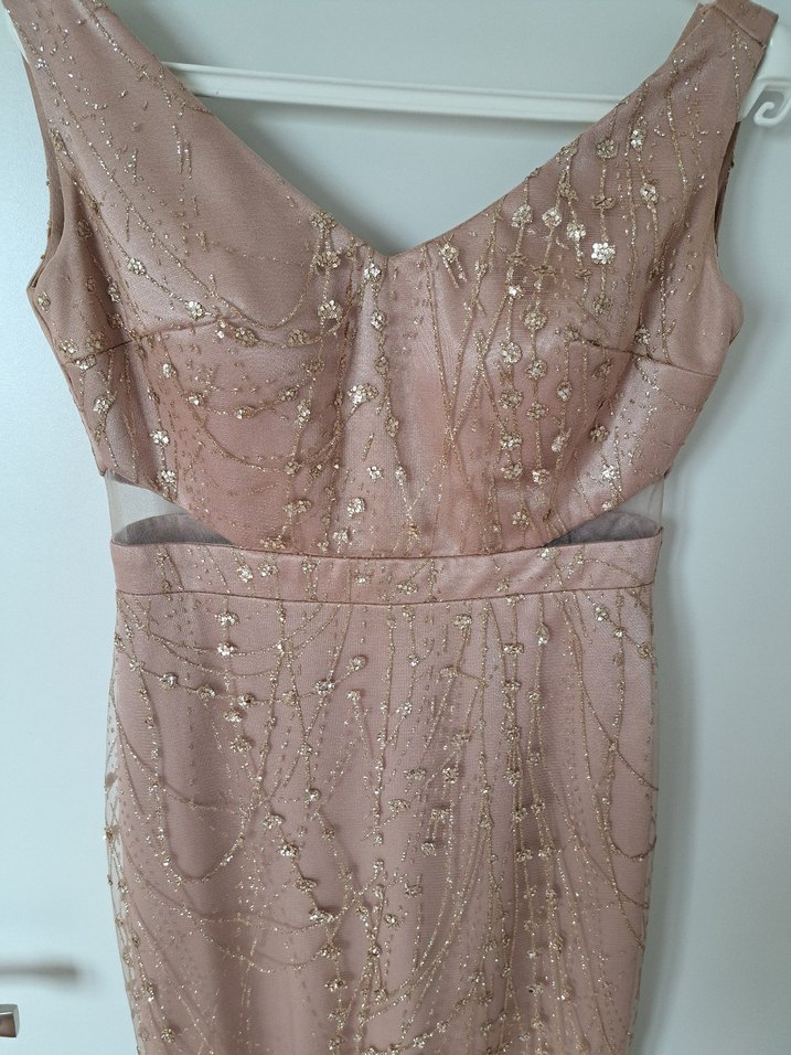 Pudra İşlemeli V Yakalı Uzun Abiye Elbise - Görsel 4