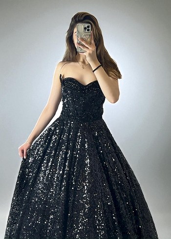 Parlak Siyah Straplez Midi Abiye Elbise - Görsel 3